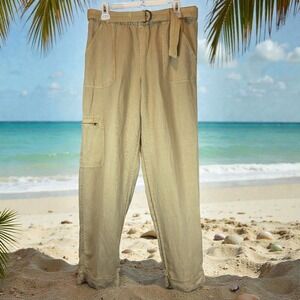 Nicole Miller Linen Lyocell Belted Pull‑On Tapered Pants Women L Tan Coastal